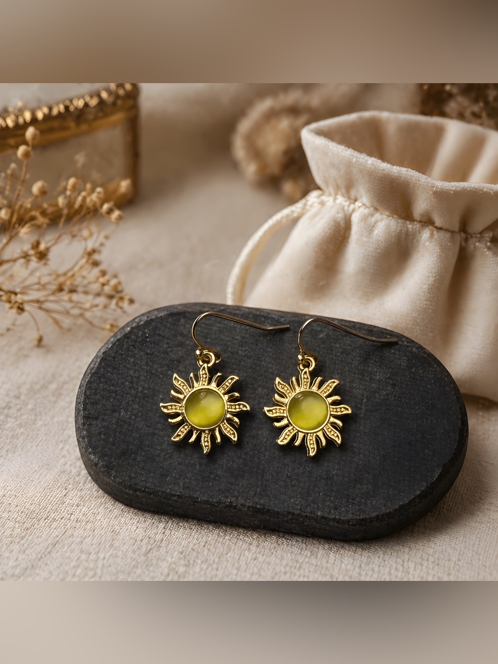 Gold Sunburst Drop Earrings with Yellow Cats Eye Crystal Center hypoallergenic